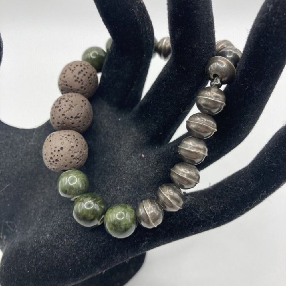 Sterling Silver Ball Beads Brown Lava Green‎ Ceramic Stretch Bracelet